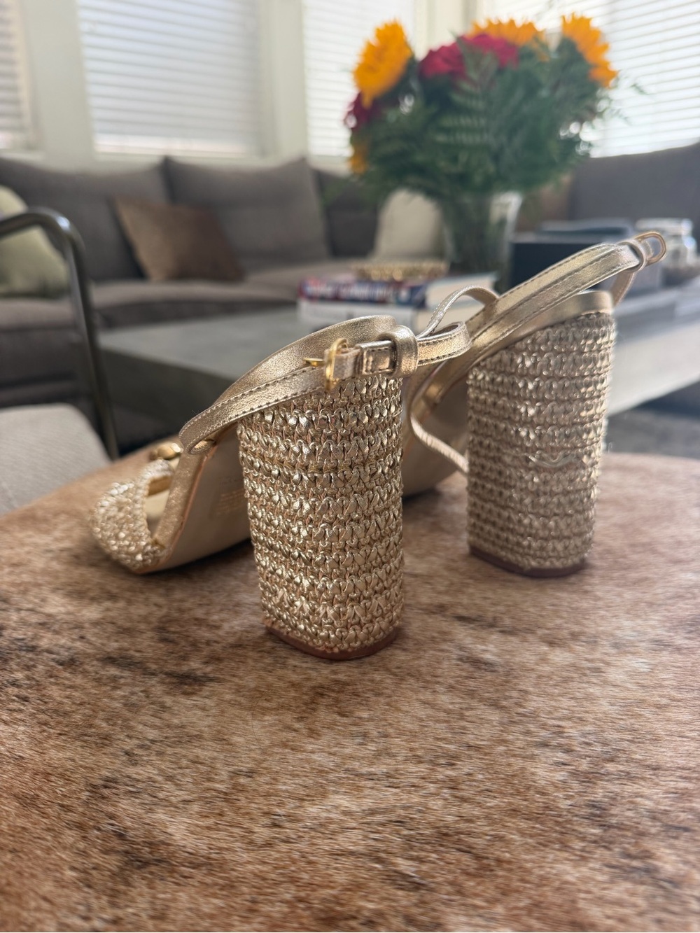 Steve Madden Metallic Gold Braided Block Heel Sandals with Knot and Orb Detail - Picture 7 of 9